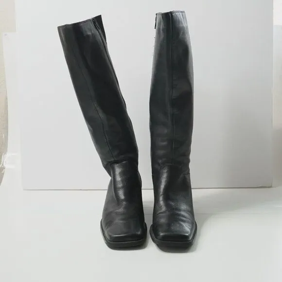 VTG 90s Y2K Leather Riding Boots Black Tall Square Toe Side Zip Knee High 7.5 M