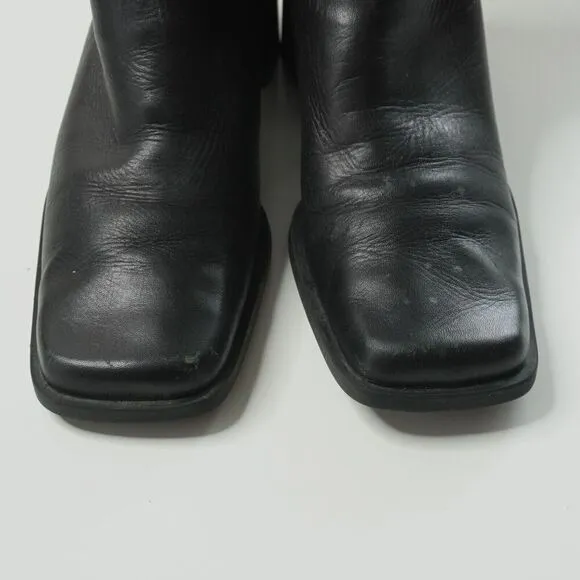 VTG 90s Y2K Leather Riding Boots Black Tall Square Toe Side Zip Knee High 7.5 M