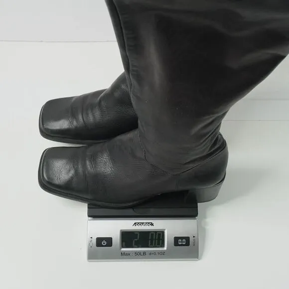 VTG 90s Y2K Leather Riding Boots Black Tall Square Toe Side Zip Knee High 7.5 M