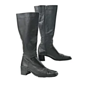 VTG 90s Y2K Leather Riding Boots Black Tall Square Toe Side Zip Knee High 7.5 M