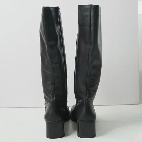 VTG 90s Y2K Leather Riding Boots Black Tall Square Toe Side Zip Knee High 7.5 M