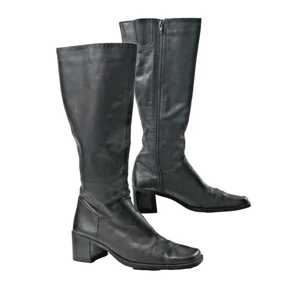 VTG 90s Y2K Leather Riding Boots Black Tall Square Toe Side Zip Knee High 7.5 M