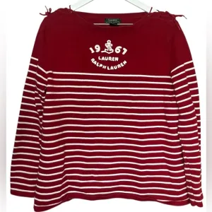 VTG Lauren Ralph Lauren Nautical Stripe Boat Neck Sweater Old Money Preppy Red L
