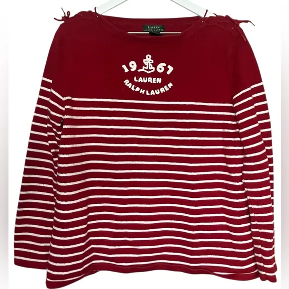VTG Lauren Ralph Lauren Nautical Stripe Boat Neck Sweater Old Money Preppy Red L