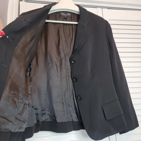 VTG PHILIPPE ADEC Paris Black Wool Blazer Women 8 Clover Lapel USA Made 3 Button