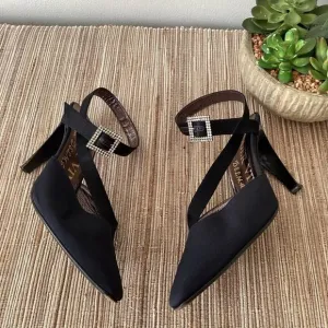 VTG Roger Vivier Black Rhinestone Buckle Mirorred Strappy Pump Heels Size 36