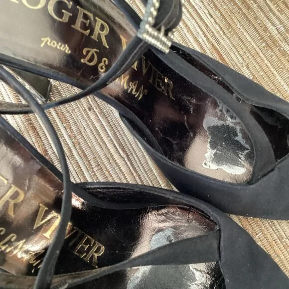 VTG Roger Vivier Black Rhinestone Buckle Mirorred Strappy Pump Heels Size 36