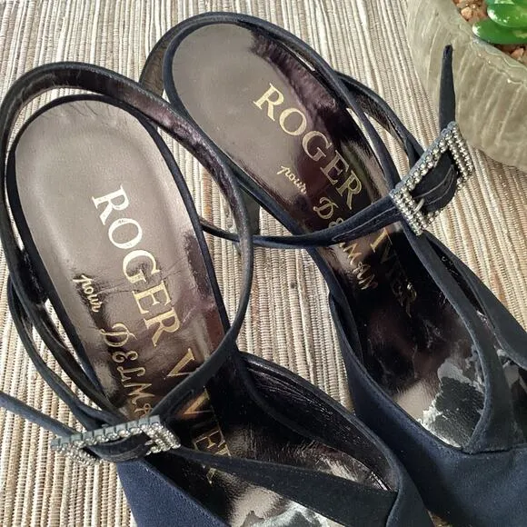 VTG Roger Vivier Black Rhinestone Buckle Mirorred Strappy Pump Heels Size 36