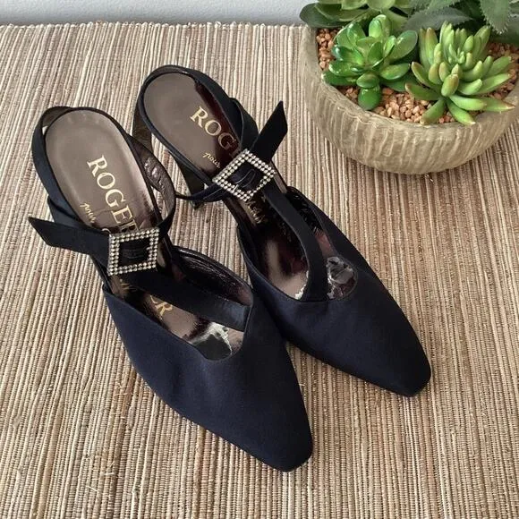 VTG Roger Vivier Black Rhinestone Buckle Mirorred Strappy Pump Heels Size 36