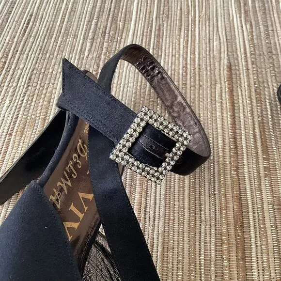 VTG Roger Vivier Black Rhinestone Buckle Mirorred Strappy Pump Heels Size 36