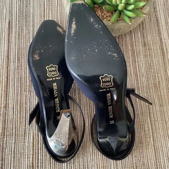 VTG Roger Vivier Black Rhinestone Buckle Mirorred Strappy Pump Heels Size 36
