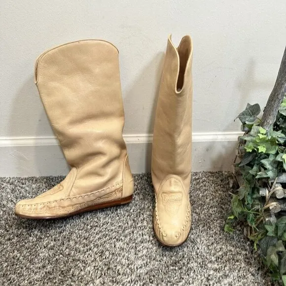 VTG SANDLER Moccasin Embossed Leather Boots Womens 6 B Handmade In Brazil New