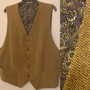 Vtg Tan brown lined tweed waistcoat vintage button up character costume vest L