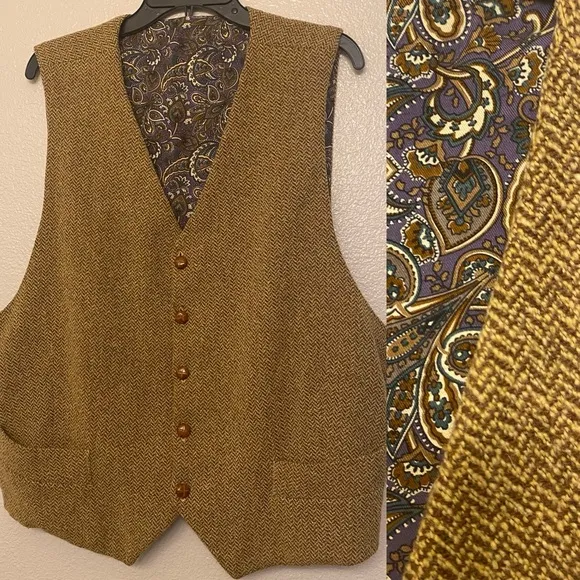 Vtg Tan brown lined tweed waistcoat vintage button up character costume vest L