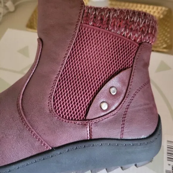 Wanderlust Womens Waterproof Ankle Boots With Knit Cuff &amp; Side Zip Burgundy SZ 7