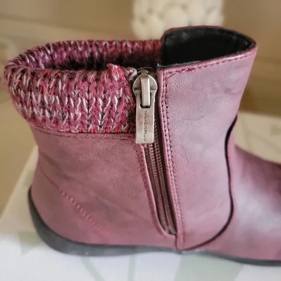 Wanderlust Womens Waterproof Ankle Boots With Knit Cuff &amp; Side Zip Burgundy SZ 7