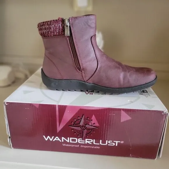 Wanderlust Womens Waterproof Ankle Boots With Knit Cuff &amp; Side Zip Burgundy SZ 7