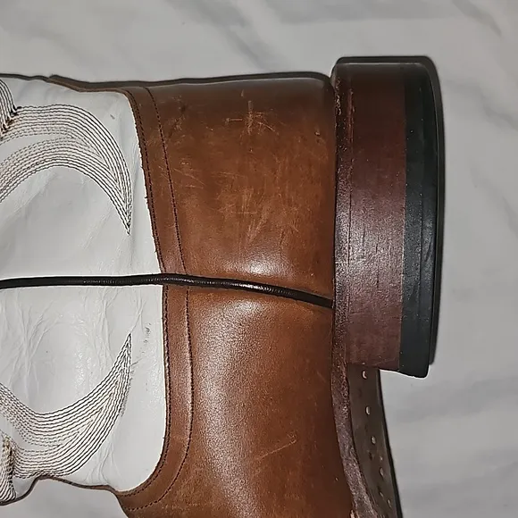 Western boots 100% leather white &amp; brown square toe sz 11 D