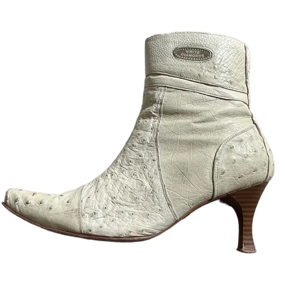 White Diamonds Cream Ostrich Leather Side Zip Heeled Western Ankle Boots…
