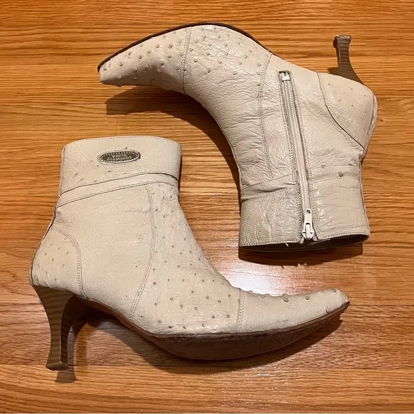 White Diamonds Cream Ostrich Leather Side Zip Heeled Western Ankle Boots…