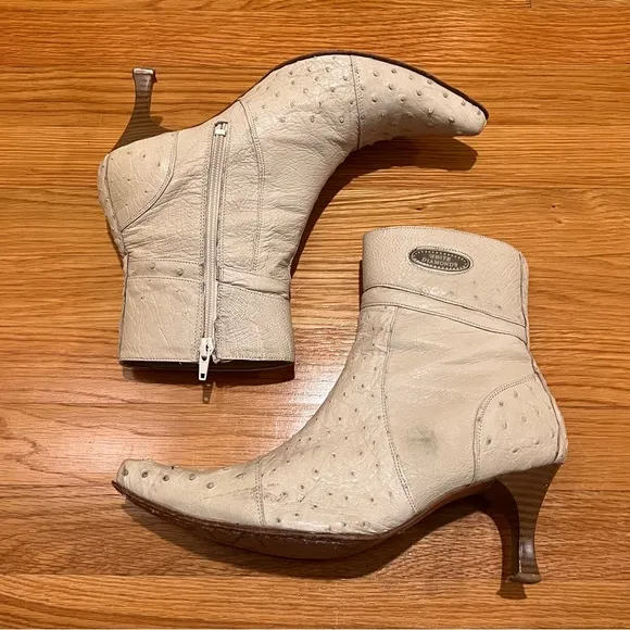 White Diamonds Cream Ostrich Leather Side Zip Heeled Western Ankle Boots…