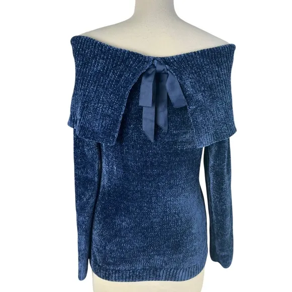 White House Black Market Velvet Romantic Off Shoulder Bow Back Sweater Size S