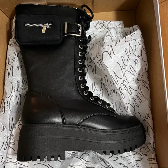 Wild Pair Black Zip Pocket Lace and Side Zip Up Moto Boots NIB 5.5M.