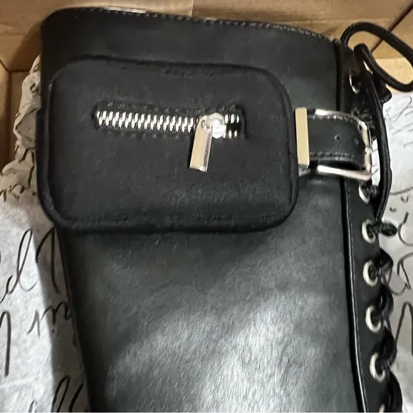 Wild Pair Black Zip Pocket Lace and Side Zip Up Moto Boots NIB 5.5M.