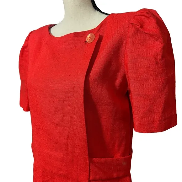 William Pearson Vintage Red Dress Belt Lined Faux Wrap Short Sleeve Button Sz 12