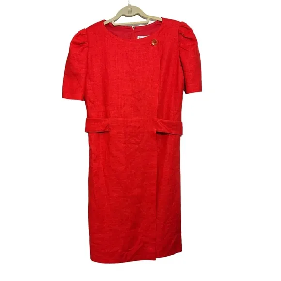 William Pearson Vintage Red Dress Belt Lined Faux Wrap Short Sleeve Button Sz 12