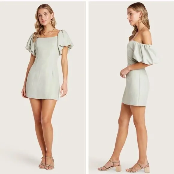 WILLOW Puff Sleeve Barbie Mini Dress Sage Pastel Summer Size L NWT retail $148