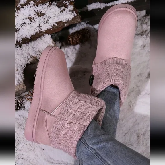 Winter Warm Casual Short Boots For Women,Braided Knit Round Toe Flat Ankle Boot