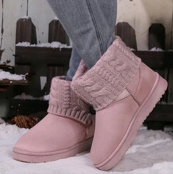 Winter Warm Casual Short Boots For Women,Braided Knit Round Toe Flat Ankle Boot