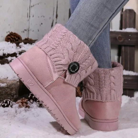 Winter Warm Casual Short Boots For Women,Braided Knit Round Toe Flat Ankle Boot