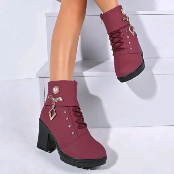Women High Heeled Boots, Lace Up Thick Sole Short Boots For Spring And Autumn