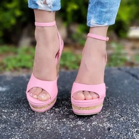 Women Platform Wedge Sandals Ankle Strap Pink Color