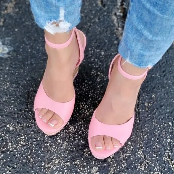 Women Platform Wedge Sandals Ankle Strap Pink Color