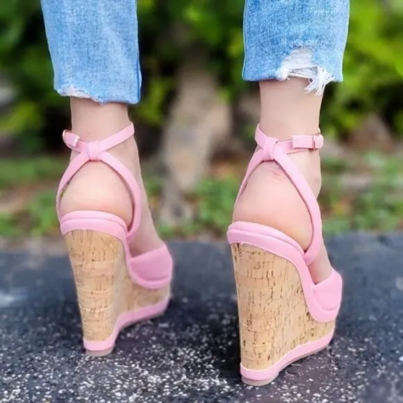 Women Platform Wedge Sandals Ankle Strap Pink Color