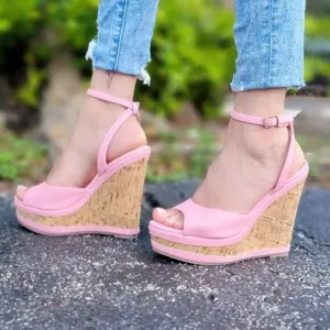 Women Platform Wedge Sandals Ankle Strap Pink Color