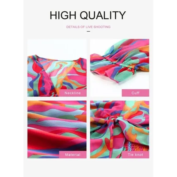 Womens 2024 Summer Deep V Neck Knotted Tiered Chiffon Elegant Mini Dress
