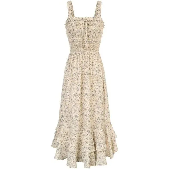 Women's 2024 Summer Floral Boho Dress Square Neck Strapped Swing A Line Beach Lo