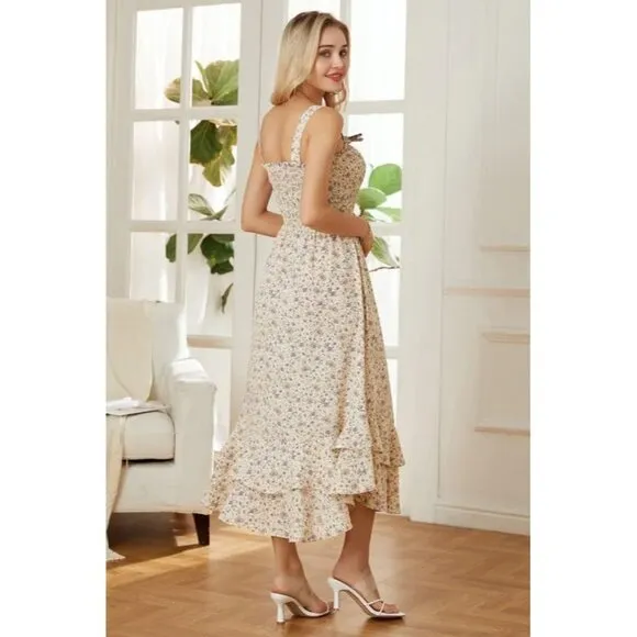 Women's 2024 Summer Floral Boho Dress Square Neck Strapped Swing A Line Beach Lo