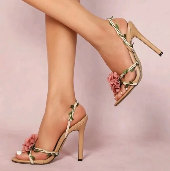 Women's 3D Rose Floral Backstrap Round Toe Stiletto High Heel Sandals, Elegant