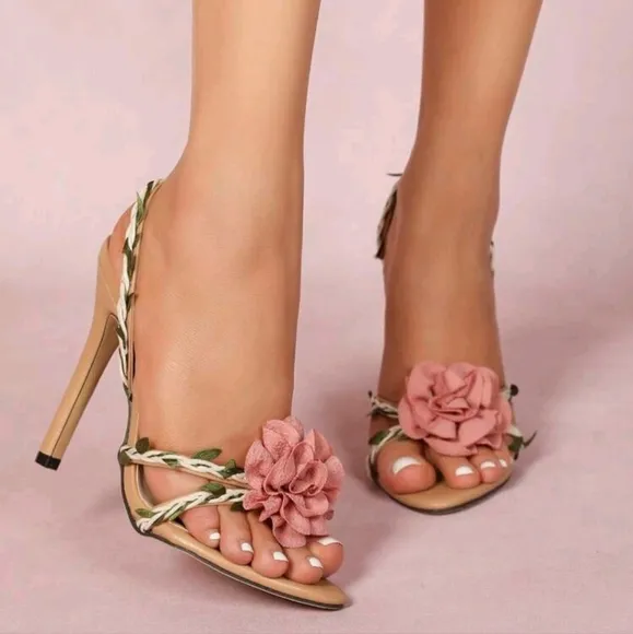 Women's 3D Rose Floral Backstrap Round Toe Stiletto High Heel Sandals, Elegant