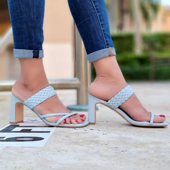 Women's Blue Braided Chunky Block Heel Slide Sandals‎
