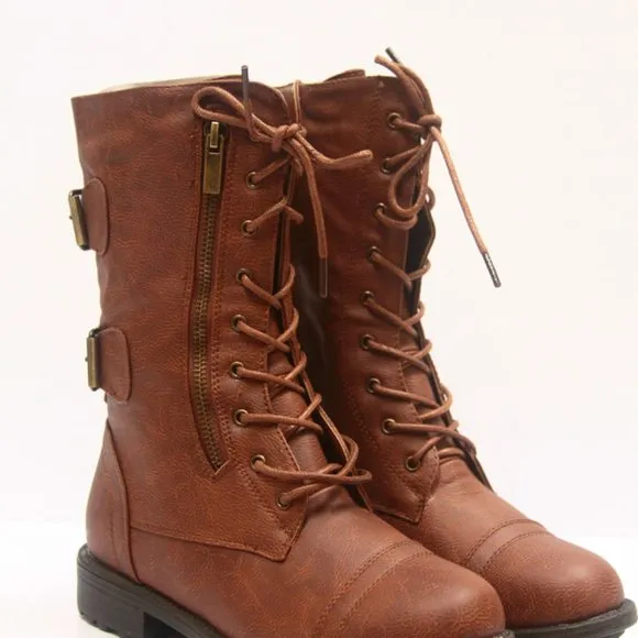 Women's Combat Round Toe Military Lace Up Boots Shoes