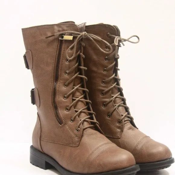 Women's Combat Round Toe Military Lace Up Boots Shoes