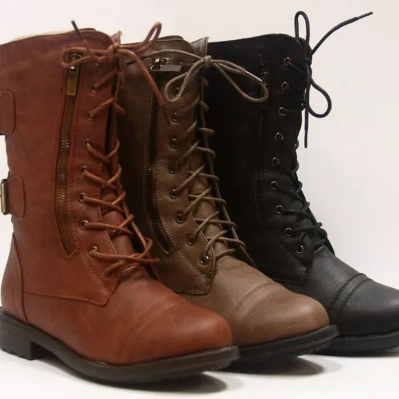 Women's Combat Round Toe Military Lace Up Boots Shoes