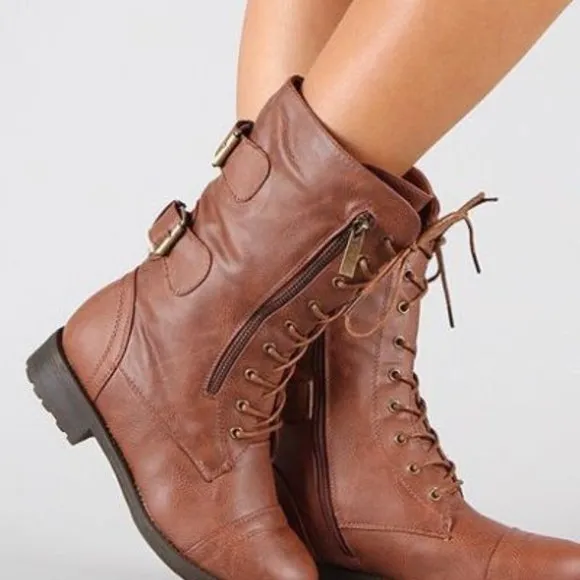 Women's Combat Round Toe Military Lace Up Boots Shoes