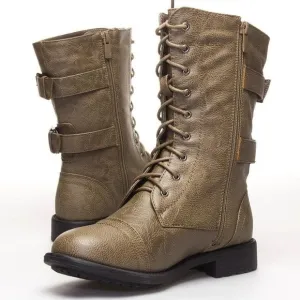 Women's Combat Round Toe Military Lace Up Boots Shoes
